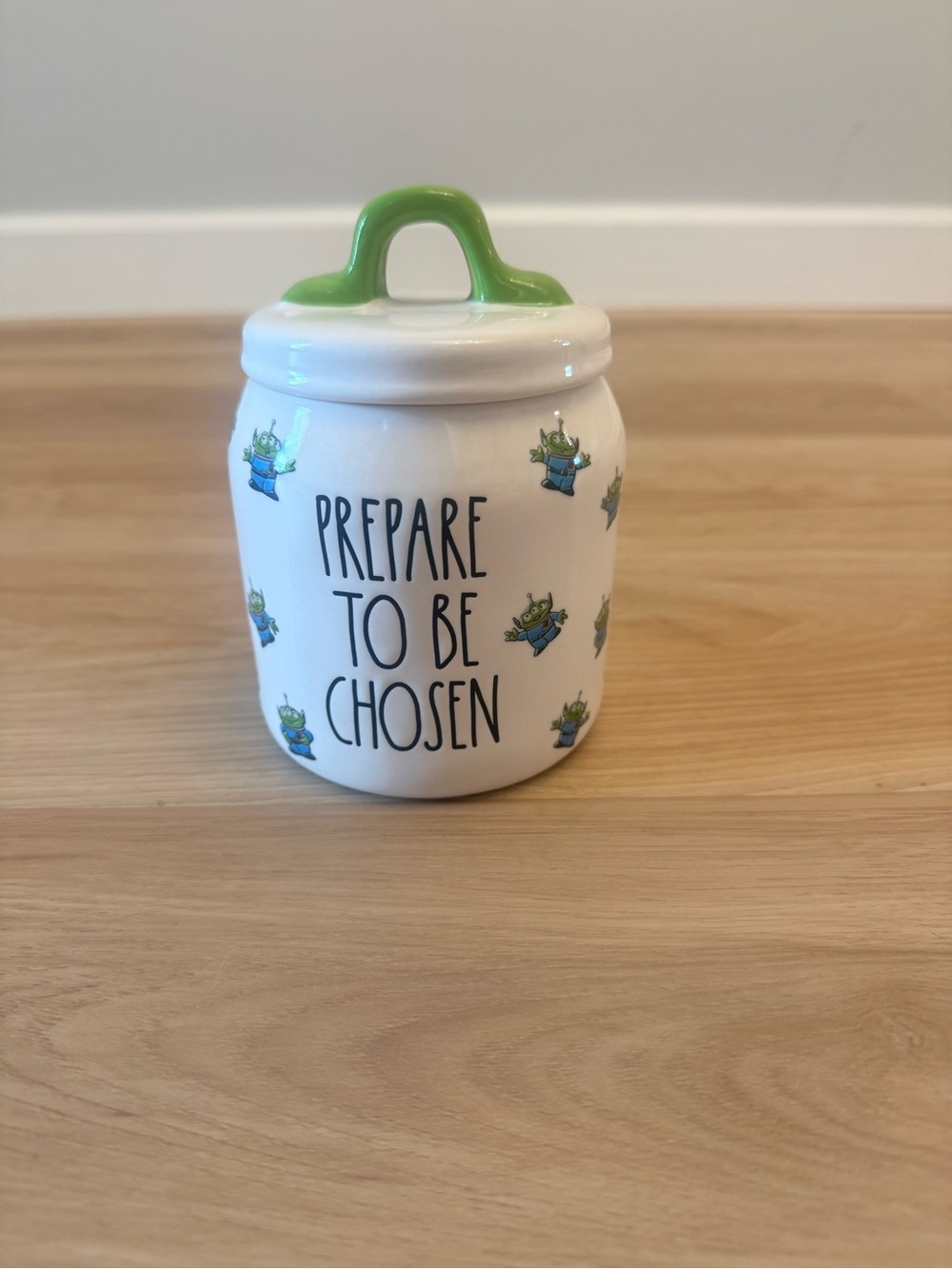 Rae Dunn 'Prepare To Be Chosen' Toy Story Cookie Jar with Green Handle NWOT